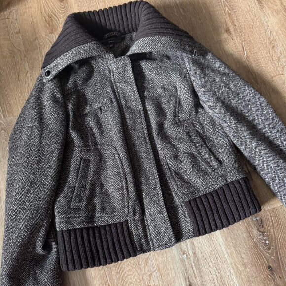 Zara vtg chocolate brown houndstooth cocoon funnel neck wool blend coat size L - Picture 2 of 5